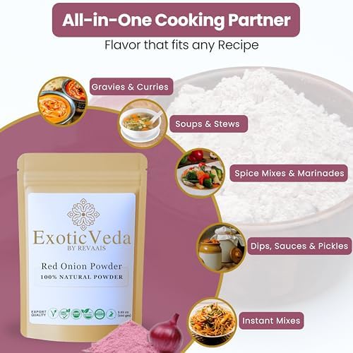 Exotic Veda Red Onion Powder 100g (3.53oz) | 100% Pure & Natural | Non-GMO, Gluten-Free, Vegan | No Preservatives | Perfect for Cooking, Seasoning, Soups, Curries, Sauces, Dips & Spice Blends