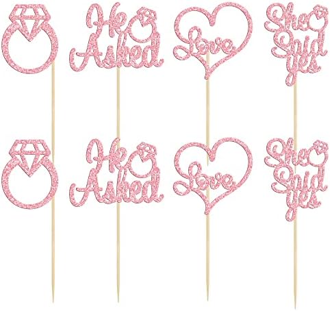 Gyufise Pink 24Pcs He Asked She Said Yes Cupcake Toppers Diamond Ring Heart Cake Picks for Wedding Engagement Party Cake Decorations