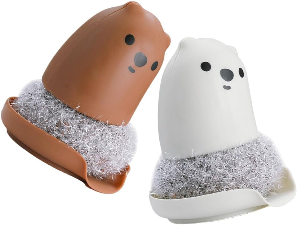 Cabilock 2pcs Cartoon Bear Kitchen Cleaning Brushes for Household Pot and Bowl Scrubbing, Sturdy Kitchen Scrubbers with Ergonomic Handle, Suitable for Dishwashing and Pan Cleaning