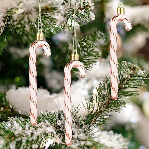 12Pcs Glitter Candy Cane Christmas Tree Decorations Christmas Plastic Candy Cane Tree Hanging Ornament for Holiday Party Decoration Favor (Rose Gold)