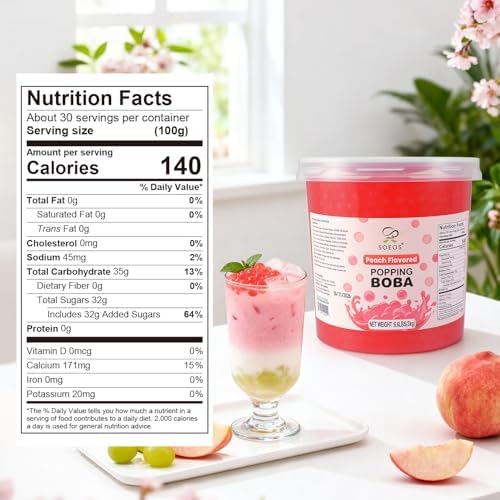 Soeos Peach Popping Boba, 6.6 lbs (3kg), Bursting Peach Flavor Boba Pearls, Perfect for Bubble Tea, Desserts & Yogurt Toppings, Ready to Serve