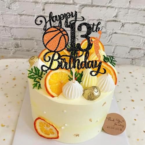 Rsstarxi 1 Pack Happy 13th Birthday Cake Topper Black Glitter Basketball Sports Cake Pick Cheers to 13 Years Cake Decorations for Basketball Theme Birthday Party Supplies