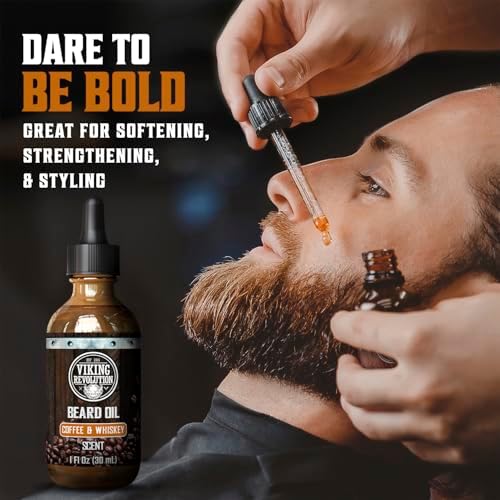 Viking Revolution Coffee Whiskey Beard Oil for Men -Natural Mens Beard Oil with Argan Oil and Jojoba Oil -Beard Softener,Strengthens and Moisturizes- Beard Conditioner for Men(Coffee Whiskey, 1 Pack)
