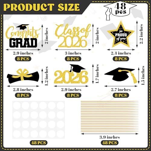 48 PCS Graduation Cupcake Toppers, 6 Styles Congrats Grad Cake Topper, Black and Gold Graduation Decorations 2026, Glittery Cap and Diploma Cake Picks for Grad Party Decor Supplies