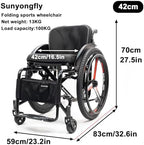 Lightweight Adult Wheelchair Folding Sports Aluminium Comfortable Cushion backrest,Adjustable Footrest and Seat Height for Youth, Adults, Elderly(Seat Width 42cm,A)
