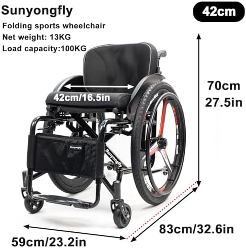 Lightweight Adult Wheelchair Folding Sports Aluminium Comfortable Cushion backrest,Adjustable Footrest and Seat Height for Youth, Adults, Elderly(Seat Width 42cm,A)