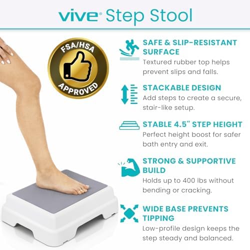 Vive Bath Step Stool (4.5") - Slip Resistant, Stackable, Indoor/Outdoor - Safety Stepping Stool Bathroom Aid for Adults, Handicap, Elderly, Seniors, Bathtub, High Beds, Kitchens - Nonslip