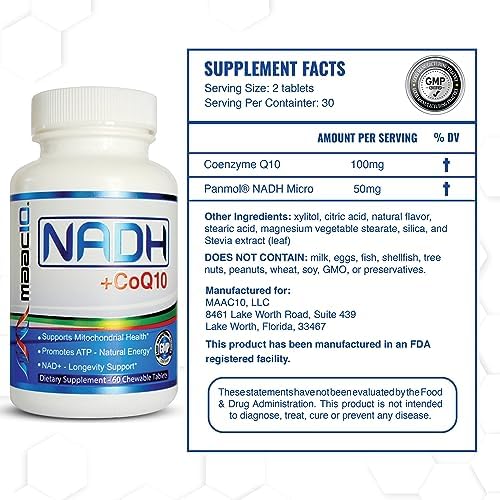 MAAC10 NADH + CoQ10 Supplement | Great Tasting Chewable Tablets | 50mg PANMOL® NADH + 100mg CoQ10 | for Fatigue, Energy and Mental Focus | NAD+ Supplement (60 Tablets 2 per Serving)