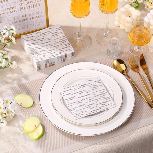 Frienda 60 Pcs Birch Rustic Cocktail Paper Napkins 3-ply 5 x 5 Inch Disposable Beverage Napkins Decorative Birthday Decor for Baby Shower Wedding Table Party Supplies