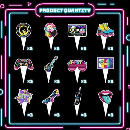 36 Pieces 80s 90s Cupcake Toppers - 80s 90s Theme Birthday Party Decorations for Adults, Hip Hop Retro Cake Topper Supplies, DIY Dessert Decor