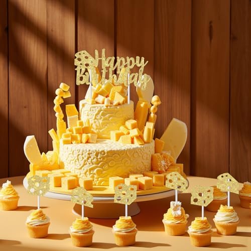 25 Pcs Cheese Birthday Cake & Cupcake Topper Set, Gold Glitter Happy Birthday Cake Topper Decor, Macaroni and Cheese Theme Cupcake Picks for Birthday Party Supplies