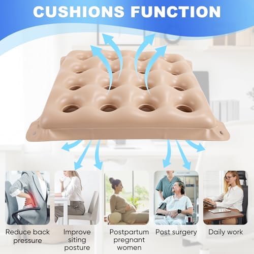 2-Pack Waffle Inflatable Seat Cushions with Pump, 18 Inch Beige 16-Hole Air Cushion for Pressure Relief, Wheelchair, Office Chair, Car Seat & Travel (Beige)