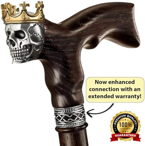 Asterom Handmade Wood Walking Cane for Men - Skull King - Cool Men's Wooden Canes Fashionable Walking Stick