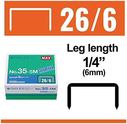 Max 35-5M Standard Staples for USA; Leg Length 6mm (1/4"); 100 Staples per Stick, for Use with Max HD-50, HD-50R, HD-50F and other Standard Staplers, 0.25" Leg Length, 0.5" Crown Width, 5000 Count