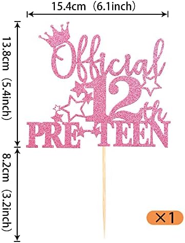 1 Pack Official Pre-teen 12 Cake Topper Glitter Happy 12th Birthday Cake Pick Cheers to 12 Years Old Cake Decorations for Teen 12th Birthday Party Supplies Pink