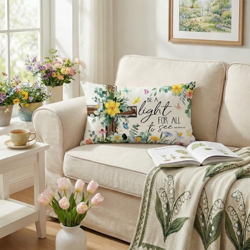 GEEORY Daffodil Eucalyptus Cross Pillow Cover 12x20 Inch - Farmhouse Spring Decor for Couch, Sofa, Bedroom Living Room
