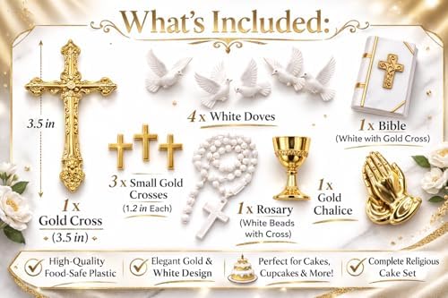 Oasis Supply First Holy Communion Cake Topper Kit – 4-Piece Religious Cake Decoration Set with Chalice & Host, Rosary, Dove and Mini Bible – Food-Safe Plastic Communion Decor (Deluxe)