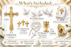 Oasis Supply First Holy Communion Cake Topper Kit – 4-Piece Religious Cake Decoration Set with Chalice & Host, Rosary, Dove and Mini Bible – Food-Safe Plastic Communion Decor (Deluxe)