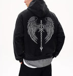 Dynict Unisex Y2K Aicd Wash Gothic Graphic Hoodies Oversize Grunge Skull Wing Print Sweatshirt Casual Fit Pullover