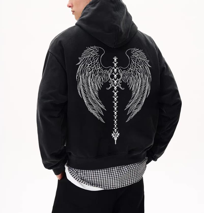 Dynict Unisex Y2K Aicd Wash Gothic Graphic Hoodies Oversize Grunge Skull Wing Print Sweatshirt Casual Fit Pullover
