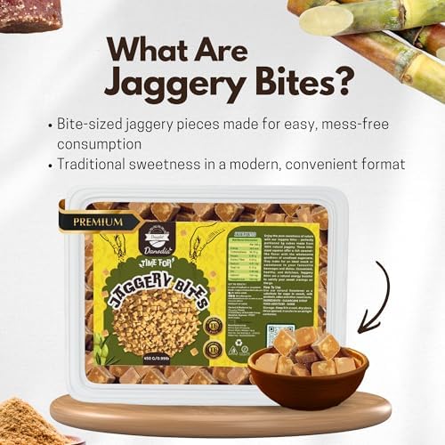 Danodia Foods Organic Snackable Jaggery Bites 1 lb (450g), Pure & Natural, No Additives Sweetener, Vegan & Gluten-Free, Nutrient-Rich Alternative to Refined Sugar for Tea & Coffee, Indian Origin