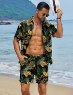 COOFANDY Men's Hawaiian Matching Set Summer Beach 2 Piece Outfits Flower Button Down Shirts and Shorts Vacation Outfits