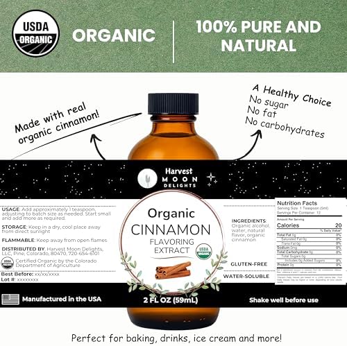 Organic Cinnamon Extract for Baking, Ice Cream, Drinks, and Candy - 2 oz - Water-Soluble - By Harvest Moon Delights - Pure Cinnamon Extract, Cinnamon Flavoring, Cinnamon Flavor