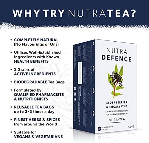 NUTRADEFENCE - Cold and Flu Tea | Immunity Tea - Supports & Boosts The Immune System – Includes Elderberry, Eucalyptus and Licorice Root - 40 Enveloped Tea Bags - by Nutra Tea - Herbal Tea - (2 Pack)