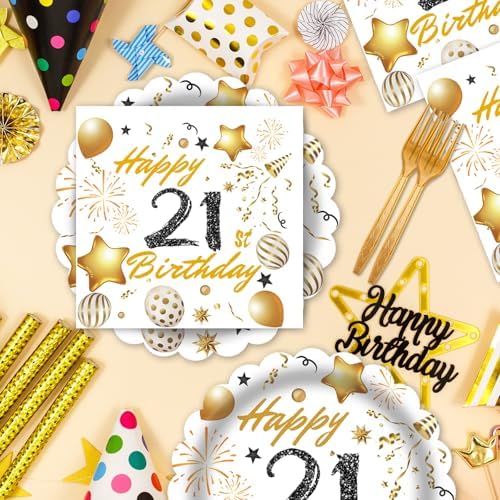 60 Pcs 21st Birthday Decorations White gold Paper Plates and Napkins Forks Party Tableware for Men Women Birthday Party Decorations,Serve 20