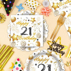 60 Pcs 21st Birthday Decorations White gold Paper Plates and Napkins Forks Party Tableware for Men Women Birthday Party Decorations,Serve 20