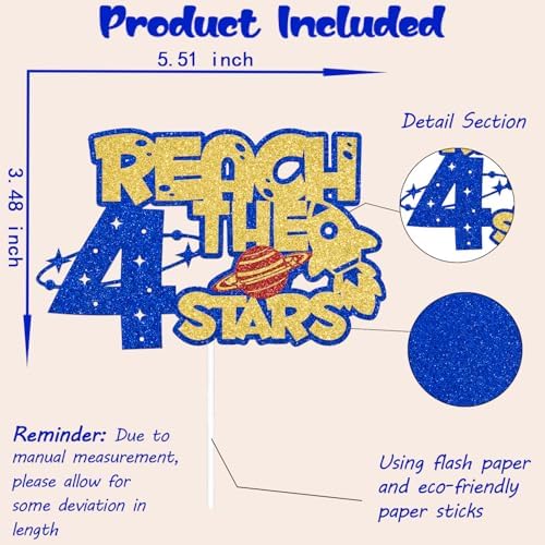 Reach 4 the Stars Cake Topper,Outer Space Four Years Birthday Party Cake Picks,Kids 4th Birthday,Rocket Space Theme 4th Birthday Party Decorations Blue Gold Red