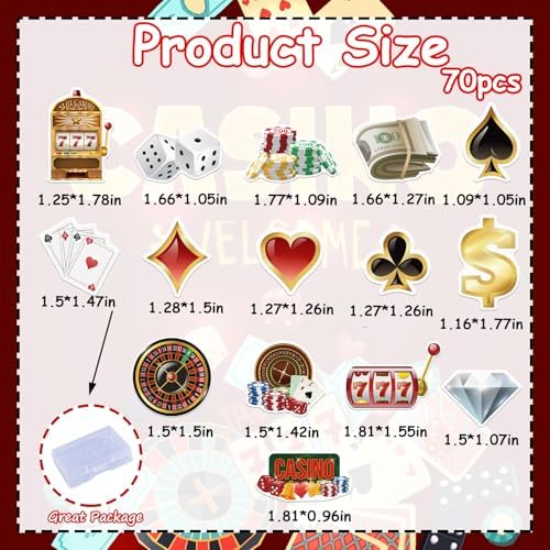 70PCS Edible Casino Cupcake Toppers Wafer Paper Las Vegas Casino Night Cake Decorations Edible Poker Game Cupcake Toppers for Casino Theme Birthday Party Decoration
