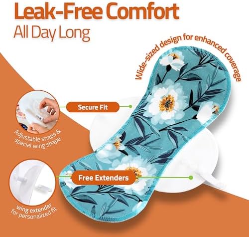 Non-Slip Reusable Incontinence Pads for Bladder Control (L+XL; 6-Pack); High Temp Washable Organic Cotton Cloth Pads with Quick Absorption & Odor Control; Soft & Non-Irritating for Sensitive Skin