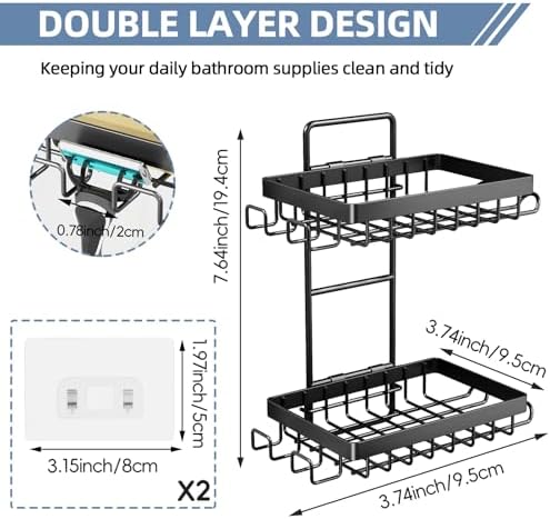 Soap Holder, Double Bar Soap Holder Shower Stainless Steel, Soap Dish for Shower Wall with Hooks and Razor Holders, Soap Tray Self Adhesive for Bathroom Bathtub Accessories Organizer
