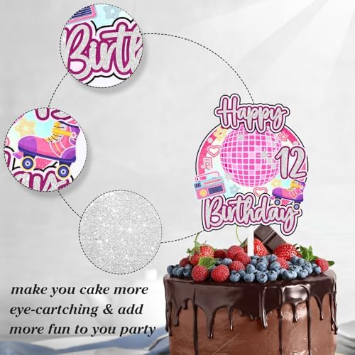 Retro disco cake topper for girls 12th birthday happy hip hop, boombox decorations, roller skating party, themed birthday party, 70s 80s 90s rock party radio decorations (12th)