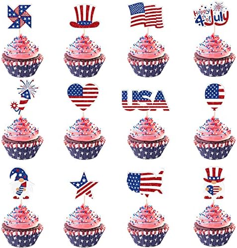 Whaline 72Pcs Patriotic Cupcake Topper Glitter 4th of July Cupcake Picks 12 Designs Cartoon Red White Blue Food Picks with Sticks Glue Point for Independence Day Memorial Day Supplies Cake Decor