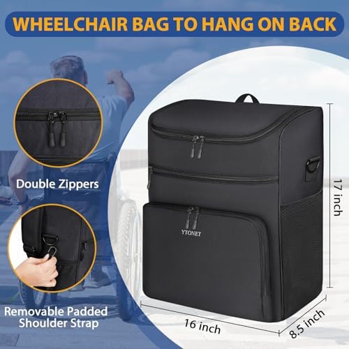 Ytonet Wheelchair Bag, Wheelchair Storage Bag to Hang on Back Walker Accessories Insulated Pockets Removable Shoulder Strap 3 Ways Carry Easy Install, 16" L x8.5 W x 17" H Black