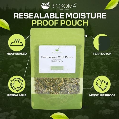 Biokoma Heartsease Wild Pansy Dried Herb 50g 1.76oz Viola Tricolor Herbal Tea Natural Detox Healthy Skin Support Respiratory Boost Resealable No Additives No Preservatives Non GMO Caffeine-Free Kosher