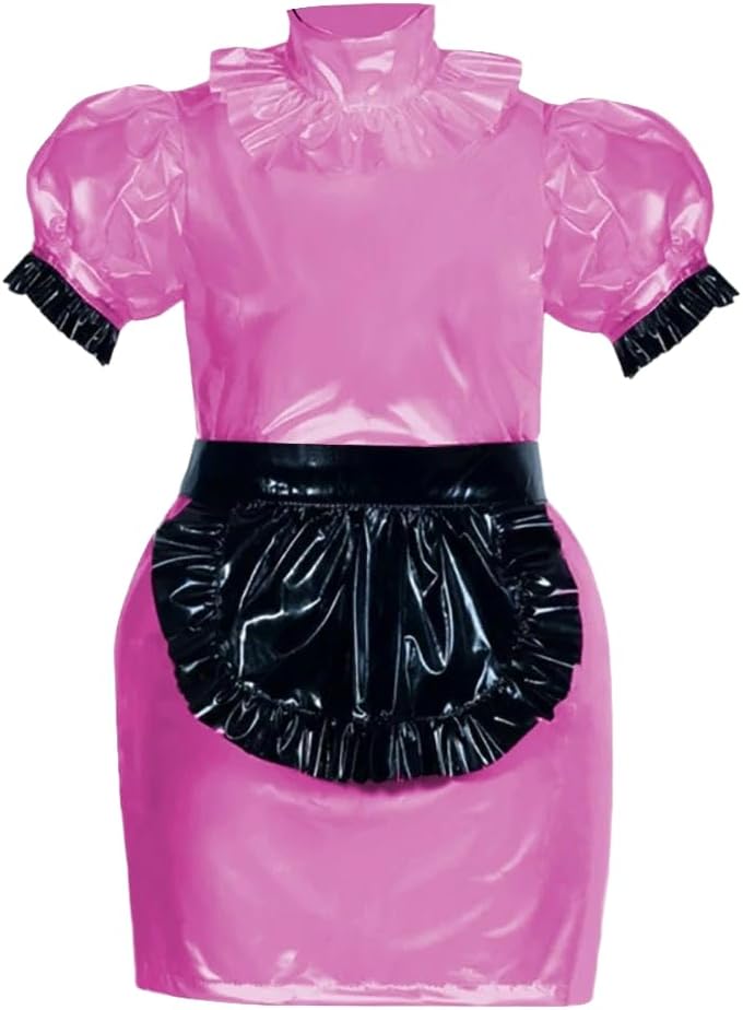 French Roleplay Maid Outfit Puffed Sleeve Slim PVC Leather Mini Dress Women Cosplay Lingerie Waitress Uniform