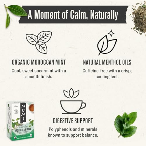 Numi Tea Organic Moroccan Mint Tea, 18 Herbal Tea Bags, Caffeine Free