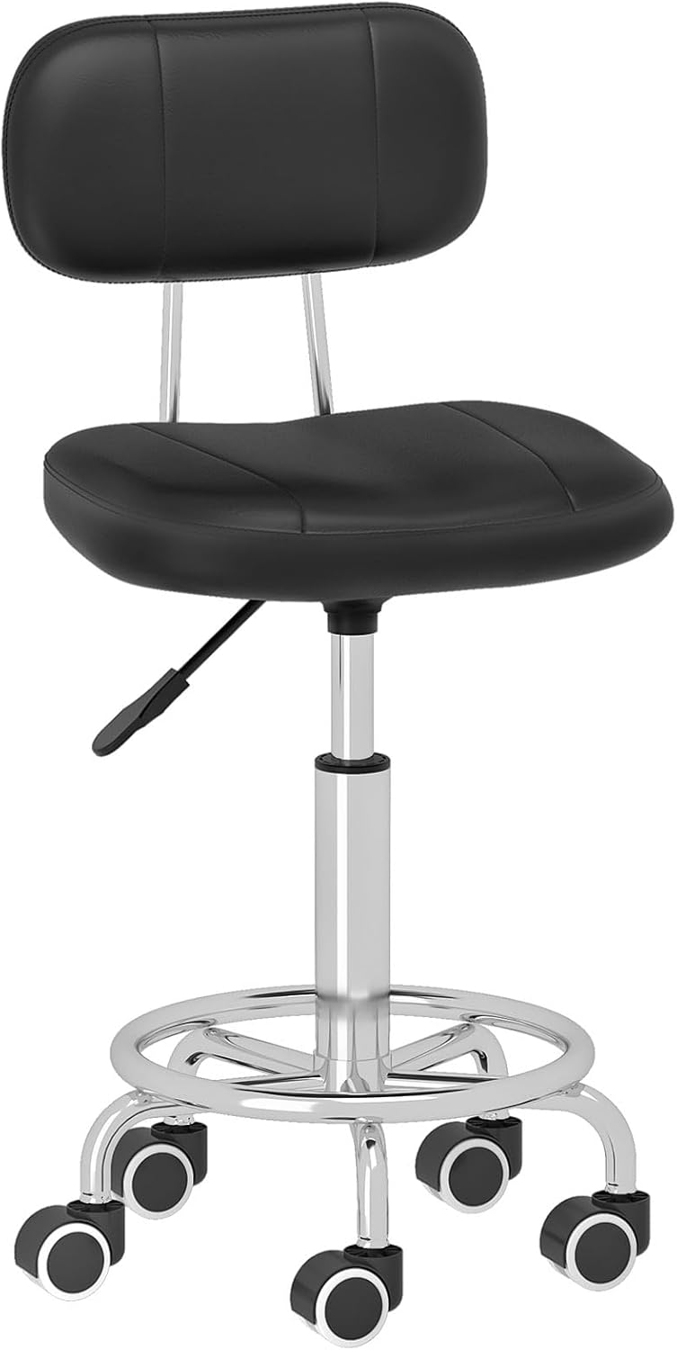 HOOBRO Height Adjustable Rolling Stool, 360° Swivel Drafting Chair with Backrest, Office Desk Chair PU Leather for Salon Barber, Shop Bar, Black and Silver SB36BY01