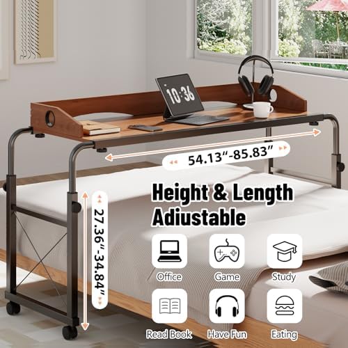 Overbed Table with Wheels, Overbed Desk with Adjustable Length and Height, Rolling Over Bed Desk, Queen Over The Bed Table on Wheels, Heavy Duty Laptop Table for Hospital and Home