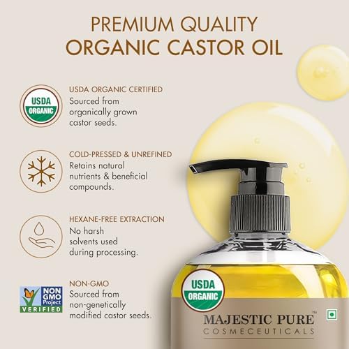 Majestic Pure Oil - 100% Pure and Natural- Cold Pressed & Hexane Free Natural Hair Growth Oil for Eyelashes, Eyebrows, Skin, Body, Face, Nails & Scalp - USDA Organic Castor Oil 8 Fl Oz