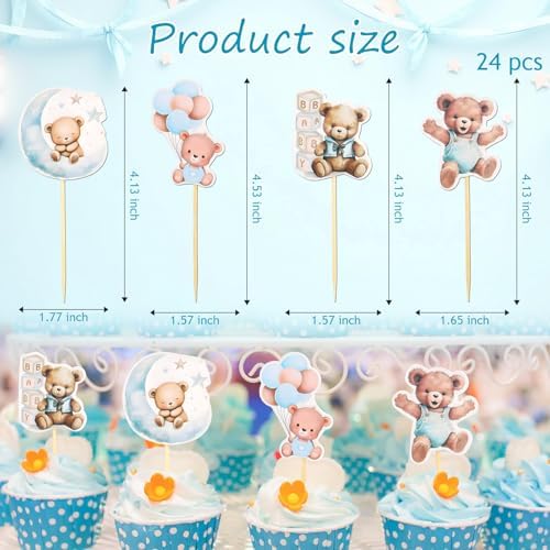 24 PCS Blue Bear Cake Toppers We Can Bearly Wait Cupcake Toppers for Teddy Bear Themed Birthday Party Gender Reveal Cake Decorations Party Supplies Pastries Desserts Decor