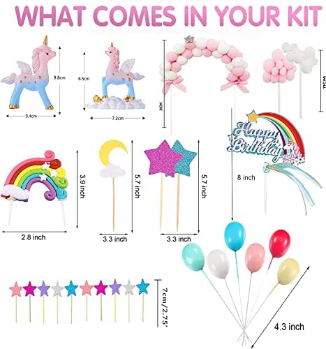 Unicorn Party Cake Topper Kit With 2 Sculptures, Rainbow Balls Cloud for Birthday Party Supplies