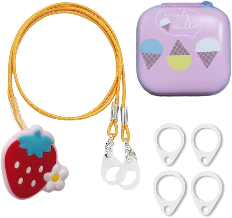 Hearing aid Clips otoclip to Prevent Loss for Children Adults, Anti-Lost Hearing aid Lanyard Protector BTE Clip Holder Rope with Silicone Loops and PU Carry case (Strawberry, Two Ear)