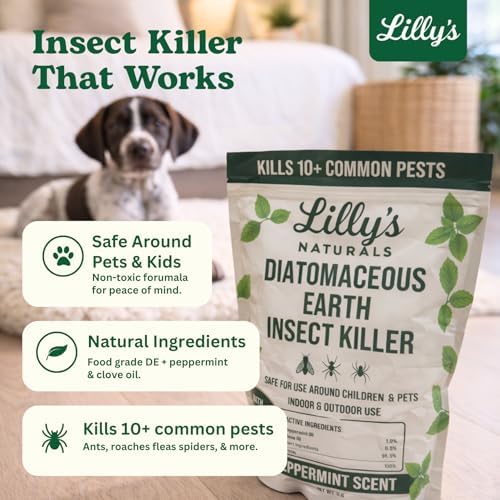 Diatomaceous Earth Food Grade with Peppermint Oil Crawling Insect Killer | with Powder Duster Included | Indoor Pest Control Powder for Bed Bug, Roach, Ant, Fleas | Lilly's naturals, 1 lb