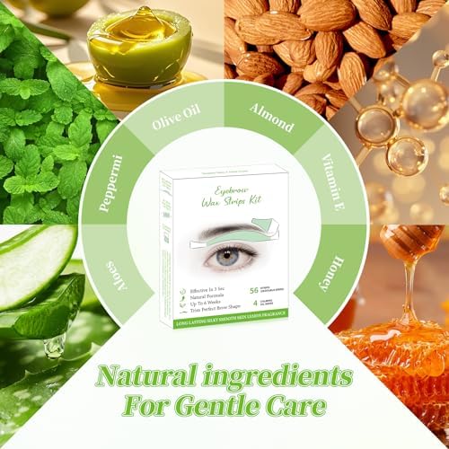 Eyebrow Wax Strips - 56 Strip Eyebrow & Upper Lip Hair Remover with 4 Soothing Wipes | Natural Beeswax Formula | Painless at Home Hair Removal for Women & Sensitive Skin | Lasts 6 Weeks