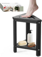 Shower Foot Rest 15in, HDPE Waterproof Shower Stool for Inside Shower, Corner Shower Stool for Shaving Legs with Storage Shelf for Small Space, Shower Step Stool, Plastic Corner Shower Bench, Black