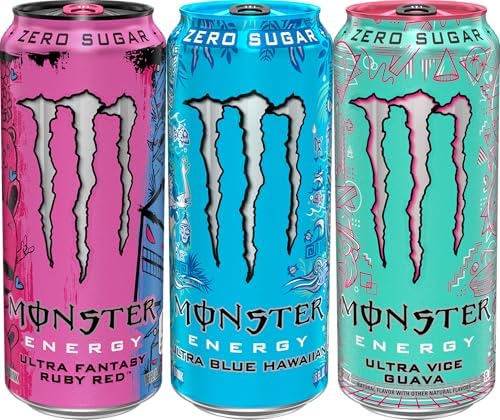Monster Energy Ultra Variety Pack, Blue Hawaiian, Ultra Vice Guava, Ultra Fantasy Ruby Red, Sugar Free Energy Drink, 16 Ounce (Pack of 15)